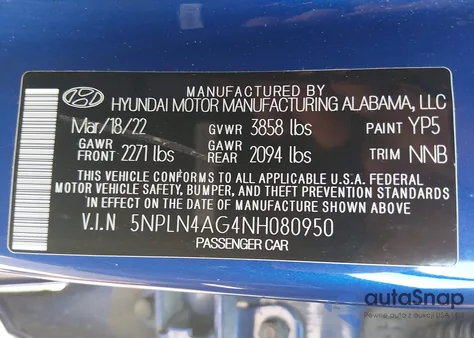 2022 Hyundai Elantra Sel z USA, uszkodzony, nr VIN 5NPLN4AG4NH080950